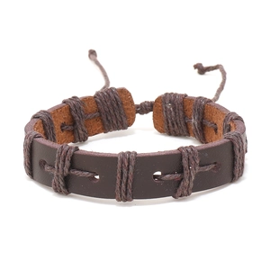 Retro handmade braided leather bracelet set with brown wide straps and adjustable cords