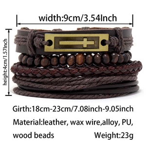 Detail of adjustable men's layered leather bracelet set with bronze cross and wooden beads