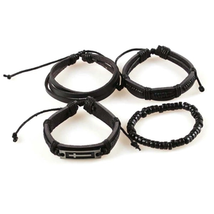 Lot de 4 bracelets en cuir tressé noir pour hommes avec pendentif en forme de croix