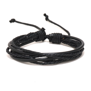 Men's retro black multilayer braided leather bracelet with adjustable knot closure