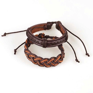 Men's vintage brown braided leather bracelet set with adjustable cord for custom fit