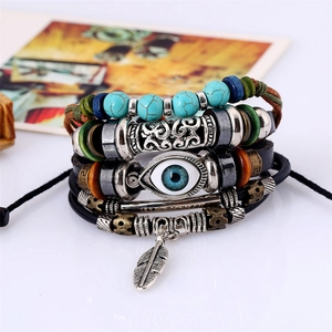 Bohemian turquoise bead and braided leather bracelet set with evil eye and feather charm