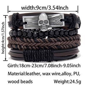 Detailed view of layered men's bracelets with skull charms and leather cords measurements