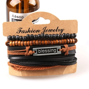 Adjustable multi-layer men's beaded leather bracelet set with Blessing metal plate