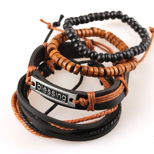 Vintage multilayered blessing bracelet set for men featuring leather and wooden beads