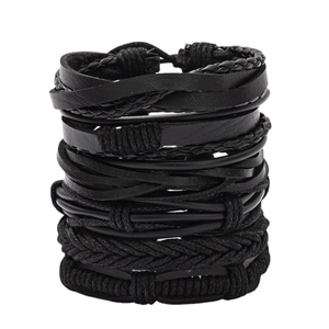 Multi-layer black leather and woven rope bracelets for men in vintage punk style