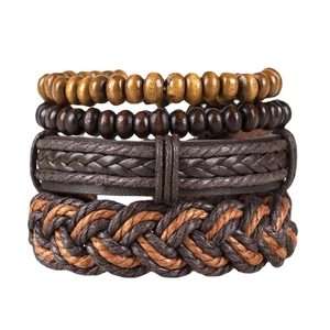 Men's retro four-piece brown leather and wooden bead braided bracelet set on white background