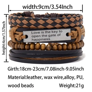 Close-up of bohemian leather bracelet set with woven straps and wood bead details