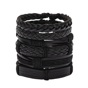 Men's multi-layer black braided leather bracelet set with minimalist woven cord textures