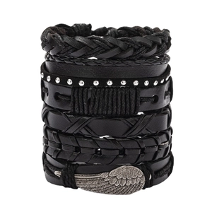 Men's multi-layer black leather bracelet set with woven ropes and silver feather charm