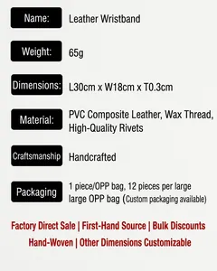 Detailed specifications of punk leather wristband showing 30x18cm size and 65g weight