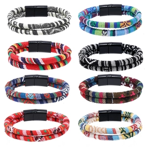 Handmade Woven Bohemian Bracelet For Men Women Ethnic Striped Fabric Wristband Retro Vintage Jewelry Magnet Clasp Bangle
