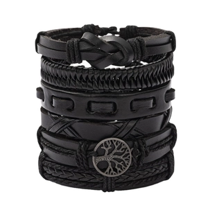 Multi-layer black leather bracelet set for men featuring a metallic tree of life charm