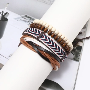 Vintage multi-layer men's bracelet set with wood beads and ethnic woven leather cords