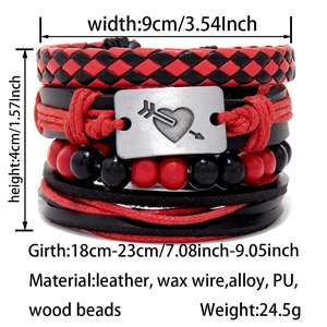 Detailed view of multilayer woven bracelet set with size measurements and alloy heart charm