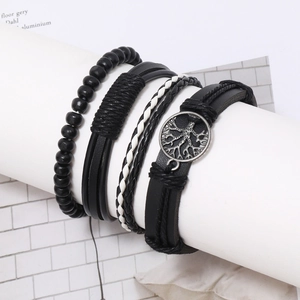 Set de bracelets rétro pour homme en cuir noir et perles avec arbre de vie