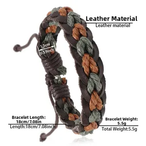 Detail view of woven leather bracelet with adjustable cord and specific size dimensions