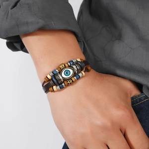 Retro multi-layered leather evil eye bracelet set with wooden beads for men and women