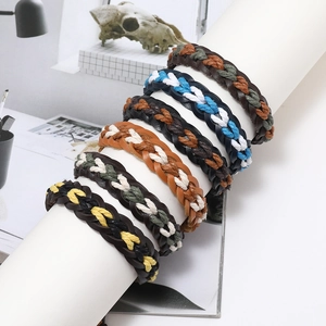 Ethnic handmade braided leather bracelets with wax cord twist design for men and women