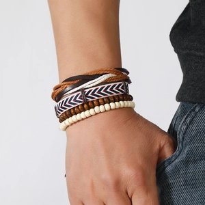 Men's vintage bohemian multilayer bracelet set with wood beads and braided leather cords