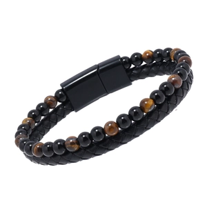 Bracciale da uomo in pelle nera intrecciata con perline occhio di tigre e chiusura magnetica