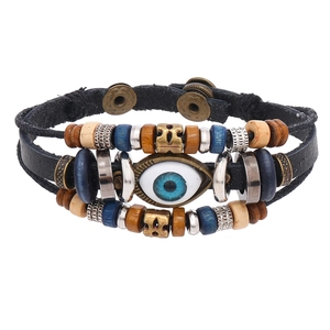 Retro Evil Eye Multi Layer Leather Bracelet For Men Women Beaded Ethnic Bohemian Style Handmade Adjustable Braided Cowhide Alloy Wood Beads Hand Jewelry