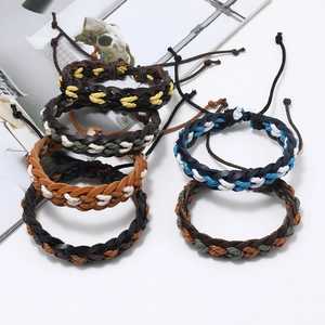 Set of 6 handmade braided leather and wax cord bracelets with adjustable closure