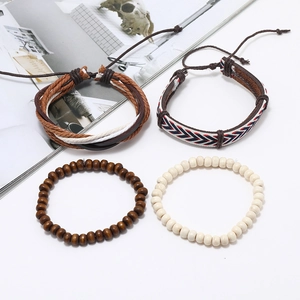 Retro multi-layer men's bracelet set with wooden beads and ethnic woven leather cords