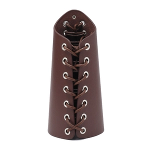 Brown punk leather bracer with double-row metal eyelets and adjustable lace-up cords