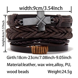 Detail view of multilayer leather bracelet set with wooden beads and metal cross charm