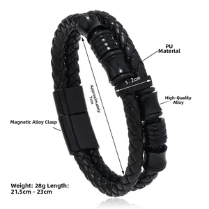 Detail view of double-layer black leather bracelet with magnetic alloy buckle and size specs