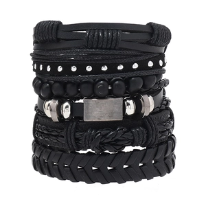 Vintage Men Braided Artificial Leather Bracelet Set Punk Handwoven Wrap Bracelets Wood Beads Metal Studs Adjustable Boho Jewelry