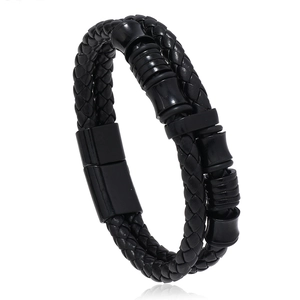 Men's double-layer black woven leather bracelet with matte black magnetic alloy clasp