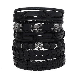 Punk Style Skull Lion Charm Multi-Layer Leather Bracelet Volcanic Stone Beads Woven Vintage Jewelry For Men Gift Black
