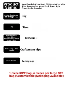 Detailed sizing and material specifications for punk beaded star bracelet set for men