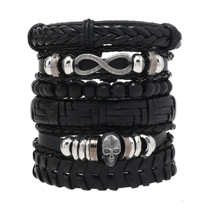 Ensemble de Bracelets en Cuir Tressé Punk Hip Hop Vintage pour Hommes Avec Crâne en Alliage Et Symbole de l'Infini