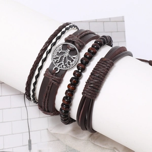 Ensemble de 4 bracelets vintage en cuir avec pendentif Arbre de Vie et perles en bois