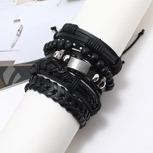 Men's vintage black leather braided bracelet set with punk style metal studs