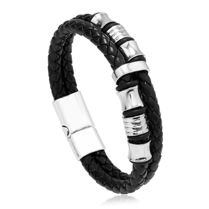Double-layered braided black leather bracelet with silver metal beads and magnetic clasp