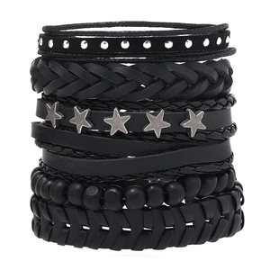 Punk Star Rivet Beaded Bracelet Combo PU Leather Alloy Adjustable Layered Boho Wristband For Men Fashion Jewelry Gift
