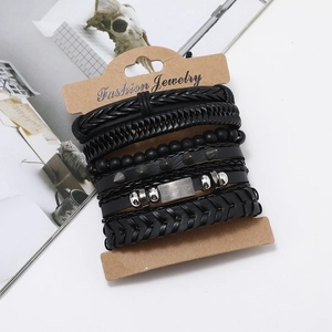 Multi-layer black leather men's bracelet set with woven straps and metal spike studs