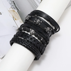 Men's punk multi-layer leather bracelet set with skull, lion head and lava stone beads