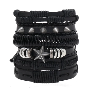 Mens Punk Multi-layer Faux Leather Woven Bracelet Set With Star Charm And Metal Rivets Adjustable Rockstar Gothic Wristband