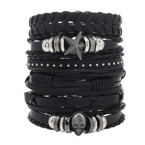 Handmade Multilayer Leather Punk Rock Skull Bracelet Men Vintage Star Element Alloy Biker Wristband Jewelry