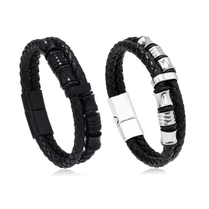Men's double-layered braided leather bracelet set with magnetic alloy clasp in black and silver