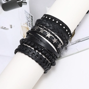 Black multilayer leather bracelet set for men featuring star charms and punk rivets