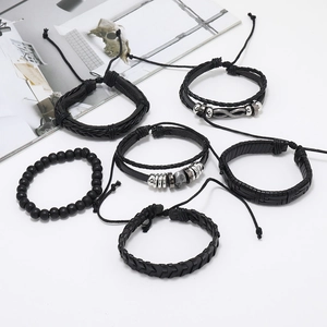 Lot de 6 bracelets punk en cuir tressé pour homme avec charms crâne et infini