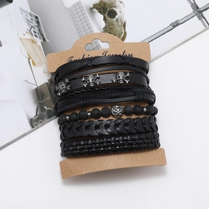 6pcs men's punk set featuring skull and lion head charms with volcanic stone beads and leather