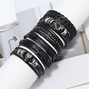 Punk multilayer black leather bracelet featuring skull and pentagram metal accents