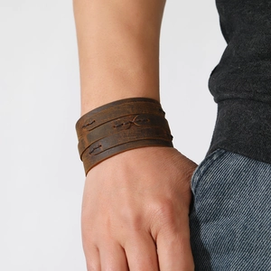 Men's vintage brown multilayer leather bracelet with punk rock style and stitching